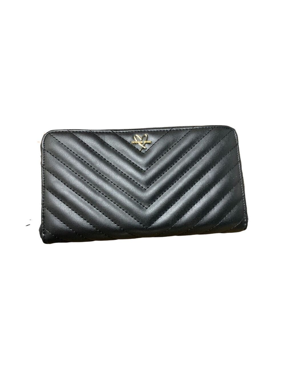 Victoria's Secret Large V-Quilt Zip Around Cellphone Wallet Black Card Case New